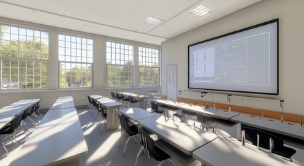 Poster - Bright, modern classroom with desks, chairs, and large digital screen.
