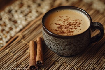 Aufkleber - Warm coffee drink with cinnamon on rustic bamboo mat.
