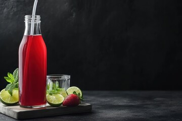 Sticker - Red beverage with limes, strawberries and mint on dark background.