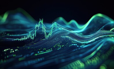 Aufkleber - Abstract financial chart waves with luminous data points on dark background.