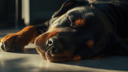 Poster - Sleeping rottweiler puppy resting on floor with sunlight.