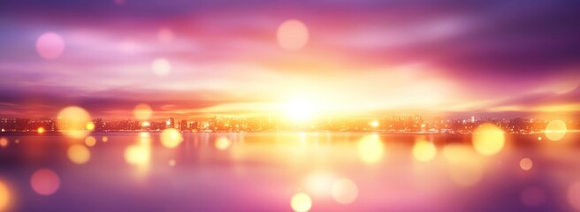 Poster - Blurred city skyline reflected in water at sunset with bokeh effect.