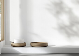 Poster - Minimalist set with two wooden bowls on a white ledge.
