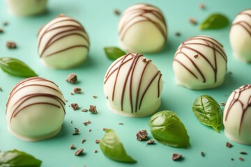 Sticker - White chocolate truffles drizzled with dark, sprinkled with cacao, basil.