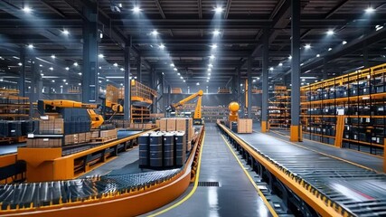 Poster - Robotic arms efficiently moving boxes and barrels along a conveyor belt in a modern factory setting, showcasing advanced automation and innovative manufacturing processes
