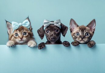 Poster - Three adorable pets wearing bows peer over blue edge.