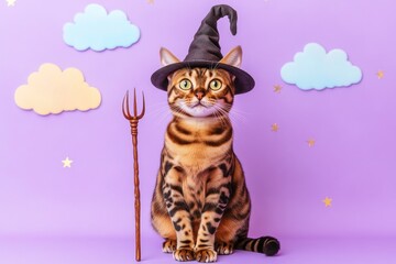 Wall Mural - Cat in witch hat with broom on purple.