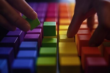 Poster - Hands arranging colorful wooden blocks in a rainbow pattern.