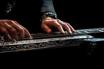 Aufkleber - Hands play steel guitar against dark background.