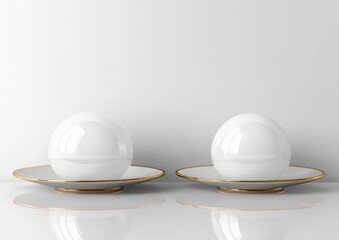 Aufkleber - Two white spheres on gold rimmed saucers.