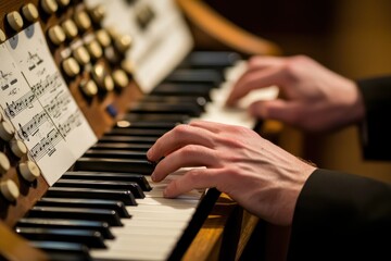 Poster - Hands play church organ, sheet music visible.