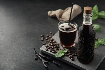 Aufkleber - Cold brew coffee setup with vanilla, mint, and beans.