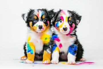 Wall Mural - Two paint-covered puppies with bright colors.