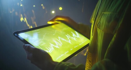Aufkleber - Person using glowing tablet with data graphs.