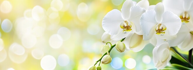 Fototapete - Elegant white orchids bloom on blurred bright bokeh background.