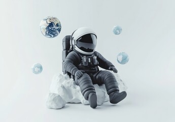 Poster - Astronaut sits on asteroid with floating earth planets.