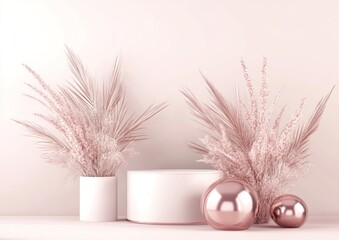 Leinwandbilder - Pink plant decor with pedestal and spheres against pastel background.