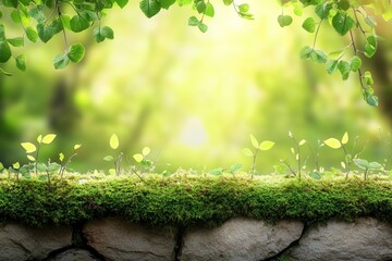 Aufkleber - Mossy stone wall, green leaves, blurred forest background, sunshine.