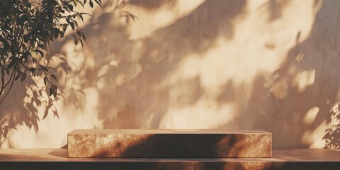 Aufkleber - Textured platform, tree shadow on wall, natural sunlight.