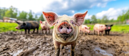Aufkleber - Piglet in mud with other pigs.