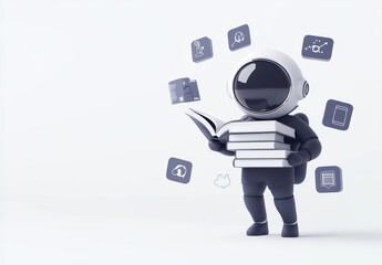 Aufkleber - Astronaut reading books, floating icons around.