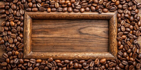 Wall Mural - Close-up of classical frame surrounding coffee beans on a wooden table, coffee, beans, frame, classical, close-up, wood, table