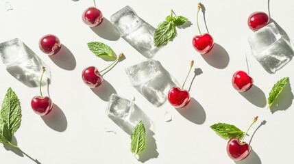 Poster - Cherries, mint, ice cubes on a white surface.