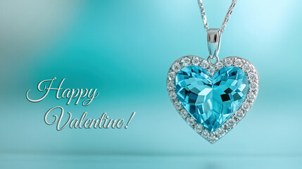 Elegant heart-shaped blue gemstone pendant with diamond accents on a silver chain, perfect for Valentine's Day gift ideas, displayed against a soft turquoise background, AI