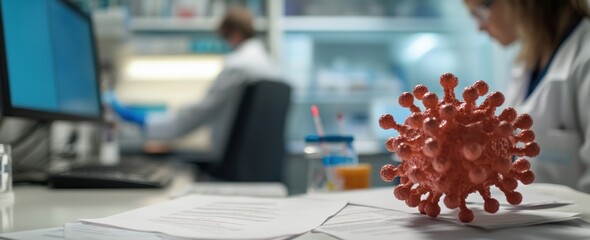 Aufkleber - Doctors researching virus with model on papers.