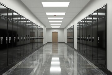 Poster - Empty school hallway with black lockers, shiny floor, and bright lights.