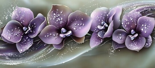 Leinwandbilder - Purple orchids with dew drops on wavy background.