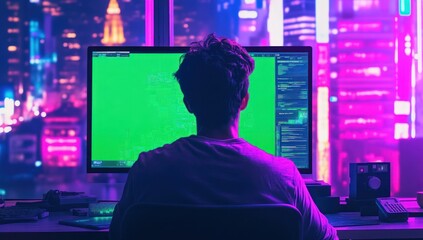 Aufkleber - Man works on computer at night with green screen, city view background.
