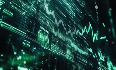 Poster - Glowing green stock market data, digital graphic display with stock prices.