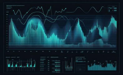 Fototapete - Cyan data graphs on dark UI.