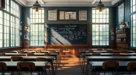 Poster - Empty school classroom with desks and blackboard, bright light.