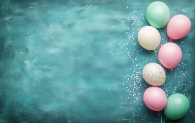 Poster - Balloons and glitter on teal textured backdrop.