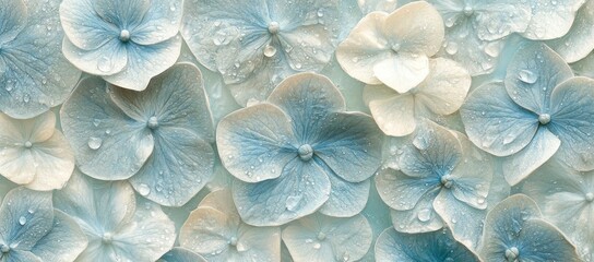 Fototapete - Close-up of pale blue hydrangea blooms with water drops.