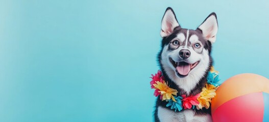 Sticker - Happy husky with lei and beach ball on cyan backdrop.