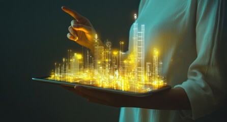 Aufkleber - Woman uses tablet with holographic city design.