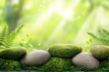 Aufkleber - Mossy stones and ferns against bright forest light.
