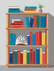 Colorful cartoon bookshelf with various books on it, isolated on transparent background for education, reading, learning and study concept