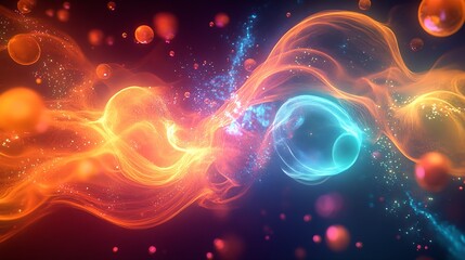 Poster - Vibrant Abstract Energy Waves with Glowing Particles and Colorful Swirls : Generative AI
