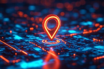 Poster - Futuristic Glowing Red Location Pin on Digital Map Perfect for GPS Navigation : Generative AI