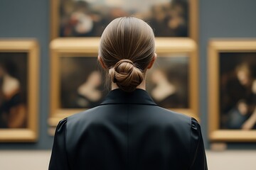 Aufkleber - Rear View of Woman Observing Classic Art Paintings in Museum Gallery : Generative AI