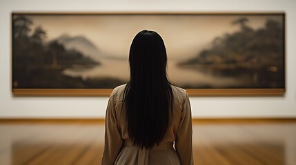 Poster - Woman Admires Landscape Painting in Art Gallery with Soft Lighting : Generative AI