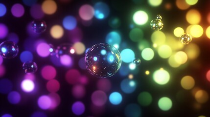 Leinwandbilder - Vibrant Bokeh and Reflective Bubbles on a Dark Background for Digital Art : Generative AI
