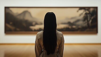 Poster - Woman Engaging with Scenic Painting in Tranquil Art Gallery Setting : Generative AI