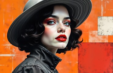 Aufkleber - Stylish woman poses with wide-brimmed hat. Fashionable lady features vibrant makeup, bold expression. Collage-style design uses various colors, shapes for creative artistic composition. Colors