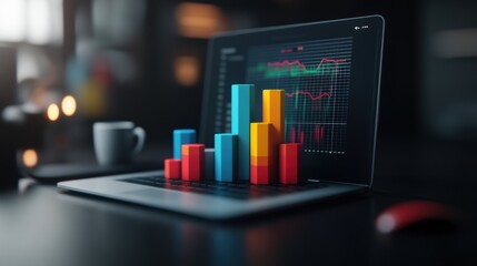 Aufkleber - Vibrant 3D Graphs and Charts Displayed on a Laptop Screen Showcasing Financial Data and Insights with Blurred Background for Business and Technology Themes