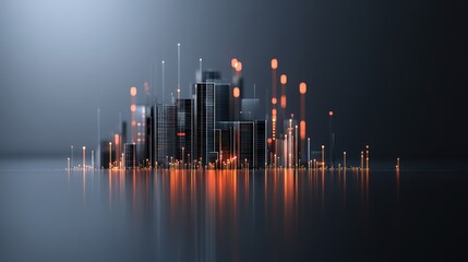 Poster - Futuristic Urban Landscape with Glowing Lights and Abstract Structures Reflecting on Water Surface in a Modern Architectural Setting
